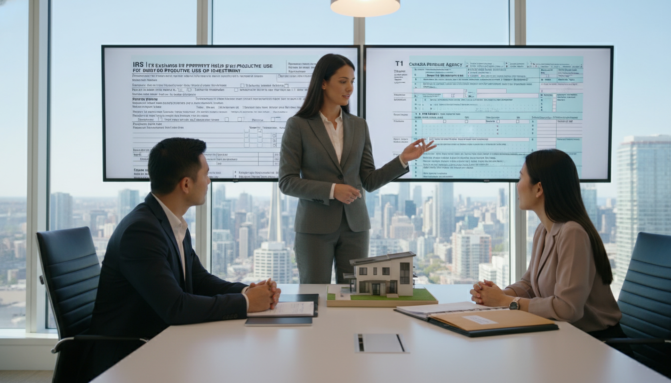 Realtor advising clients with house model and tax documents about deferring taxes when buying property.