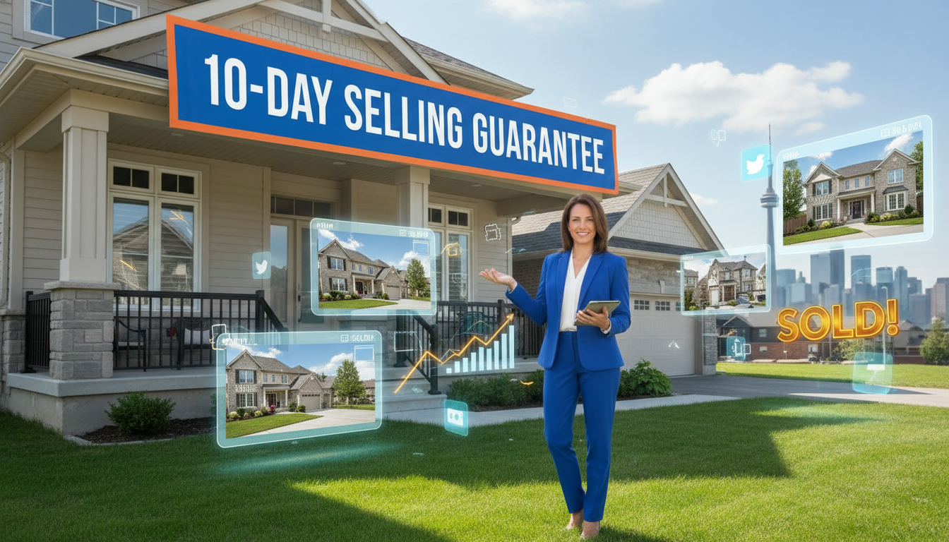 Realtor next to modern house with a 10-day selling guarantee banner and marketing visuals.