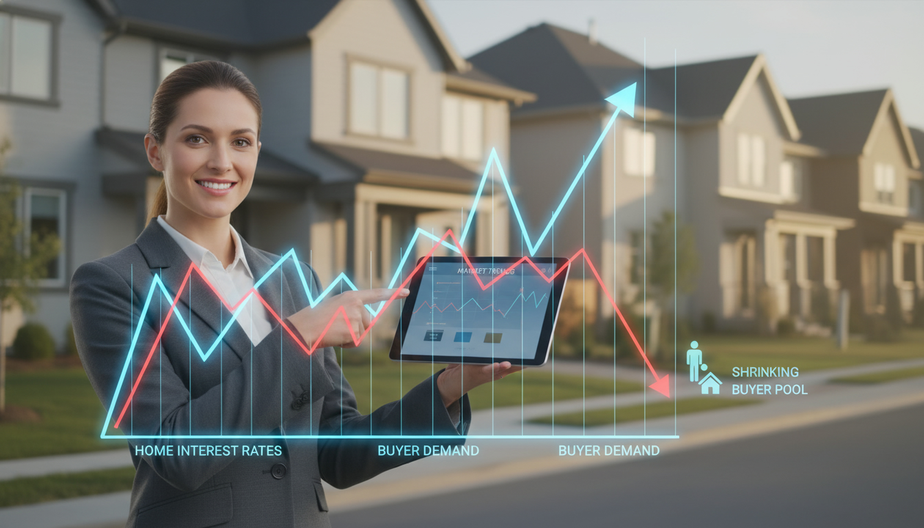 Realtor showing interest rate chart overlay on suburban neighborhood illustrating impact of mortgage rates on buyer demand.