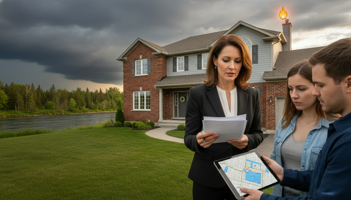 Ontario home near river, realtor reviewing insurance documents and flood map on tablet