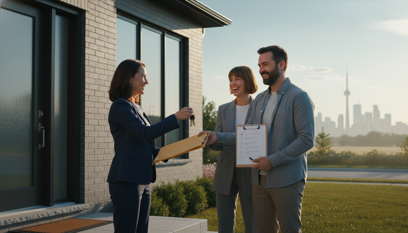 Realtor handing keys and documents to new homeowners at a front door with a checklist on a clipboard.