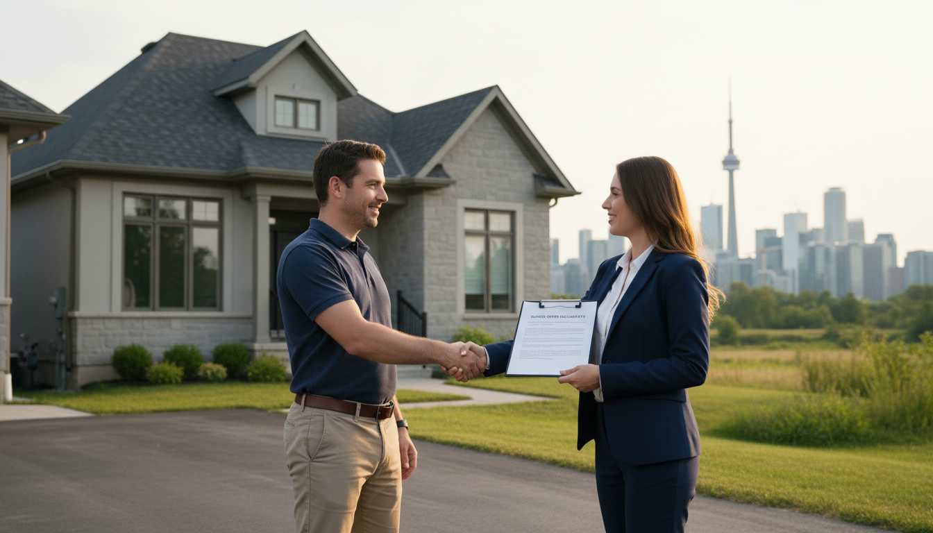 Real estate agent handing offer documents to homeowner in front of house with skyline in background