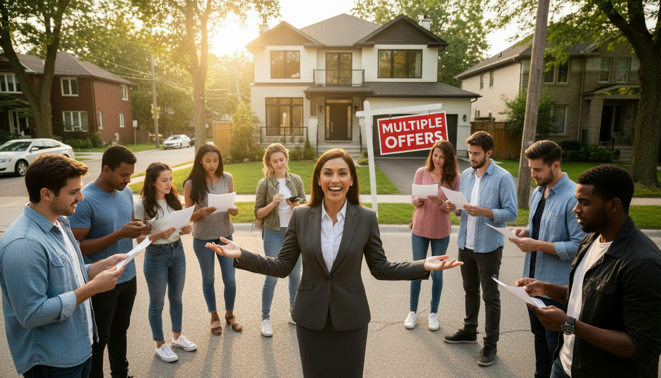 Real estate agent outside a house with multiple buyers holding bid sheets signifying a bidding war.