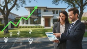 Suburban house with upward graph overlay and real estate agent analyzing data on a tablet