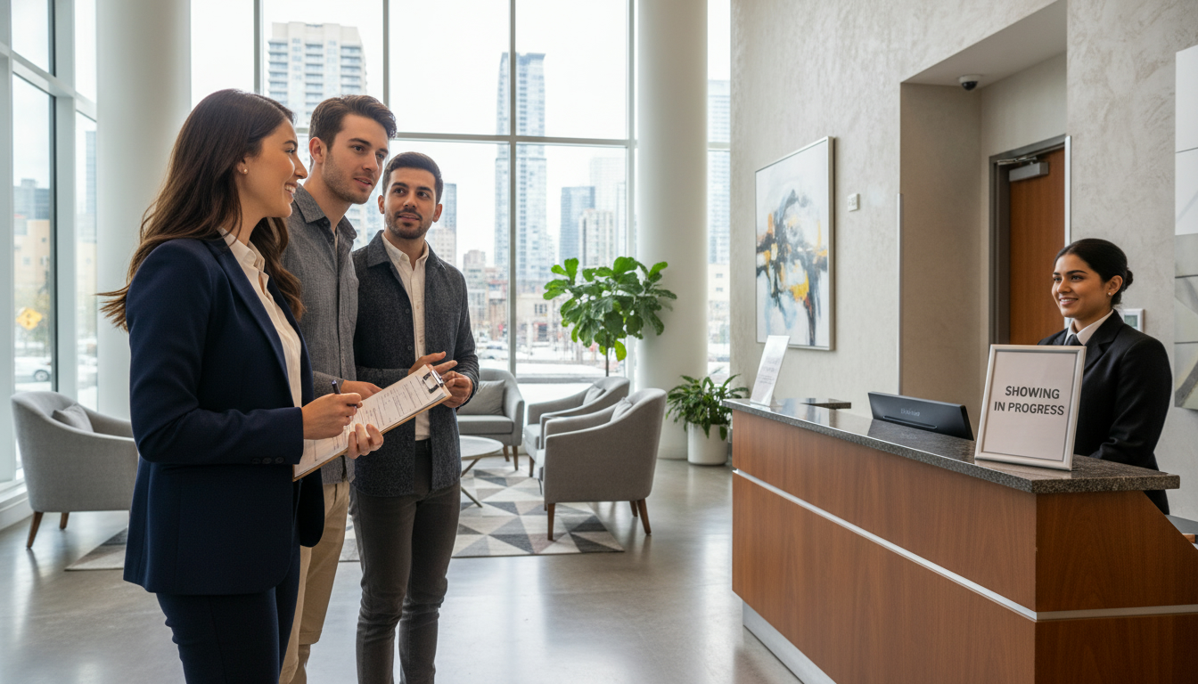 Real estate agent escorting buyers through a modern condo lobby with sign-in clipboard and concierge.