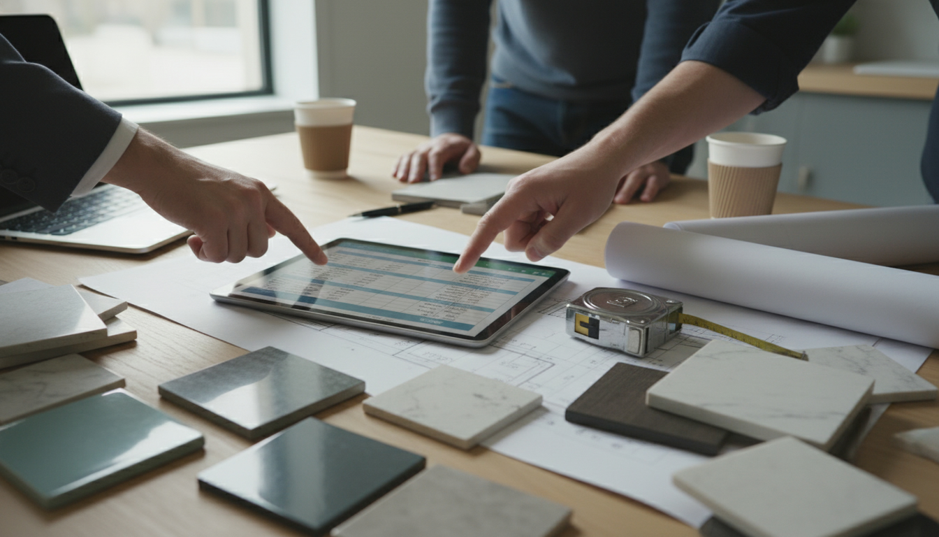 Renovation planning meeting with spreadsheet, tape measure, floor plans and material samples