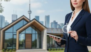 Realtor analyzing market charts with a stopwatch overlay and a modern home in background