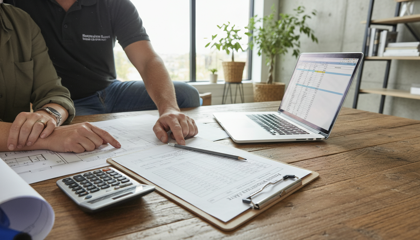 Contractor and homeowner reviewing renovation cost estimate with calculator and blueprints