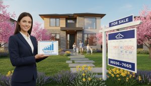 Suburban house for sale with realtor and calendar showing best time to sell