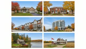 Collage of Ontario home types: detached house, semi-detached, townhouse, condominium, lakeside cottage, rural farmhouse