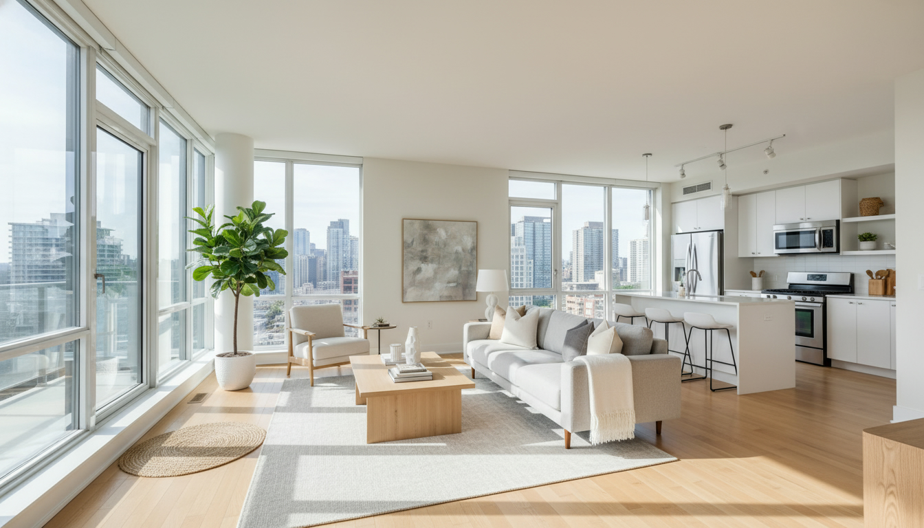 Bright staged condo living room with neutral furniture and natural light