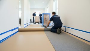 Movers laying ram board and floor runners to protect hardwood floors and baseboards during a move.