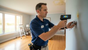Home inspector using infrared camera and moisture meter to detect hidden water damage in a house interior with ceiling stains