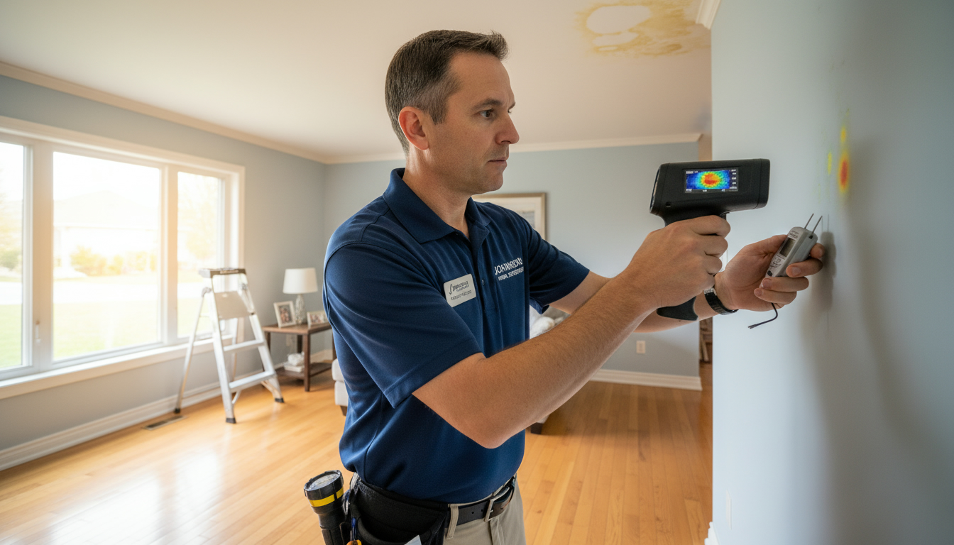 Home inspector using infrared camera and moisture meter to detect hidden water damage in a house interior with ceiling stains