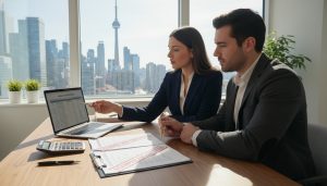Realtor and buyer reviewing itemized closing statement with documents, calculator, and house keys on desk