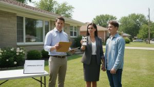 Appraiser reviewing a home appraisal report with a realtor and buyer outside a suburban house