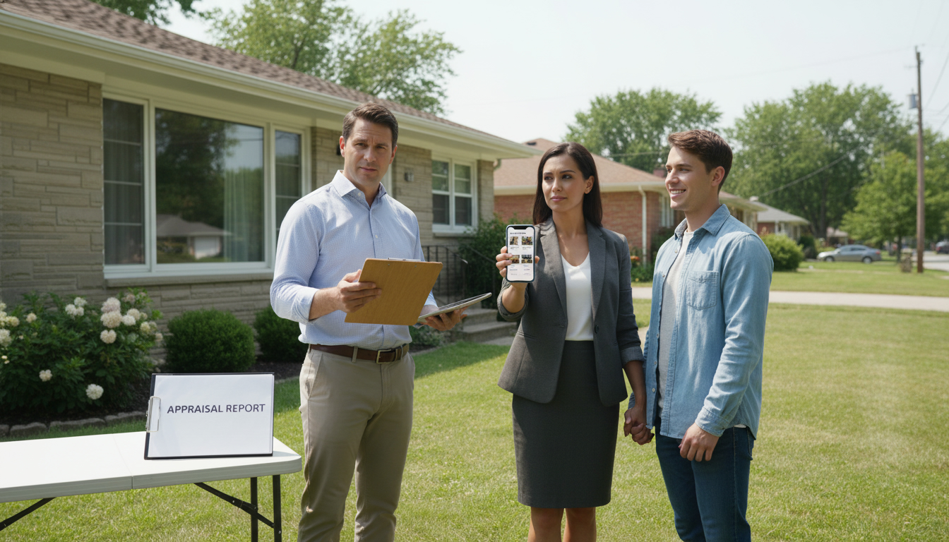 Appraiser reviewing a home appraisal report with a realtor and buyer outside a suburban house