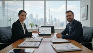 Realtor advising self-employed borrower with mortgage documents in modern office with city skyline