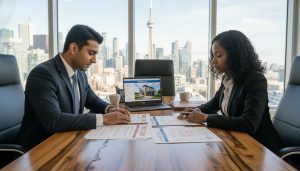Realtor and homeowner reviewing title search and tax lien documents at a table