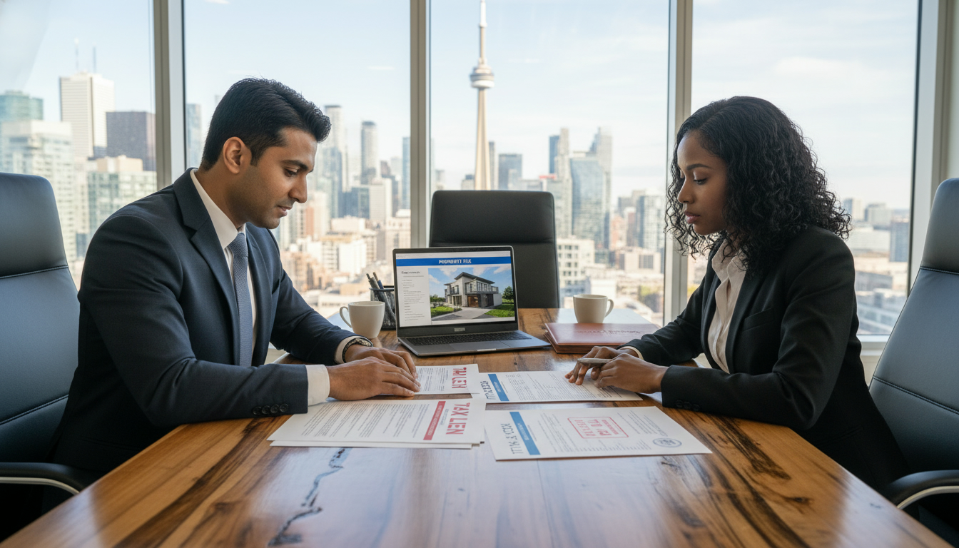 Realtor and homeowner reviewing title search and tax lien documents at a table