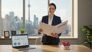 Local insurance advisor presenting home insurance quotes with a model house and comparison charts