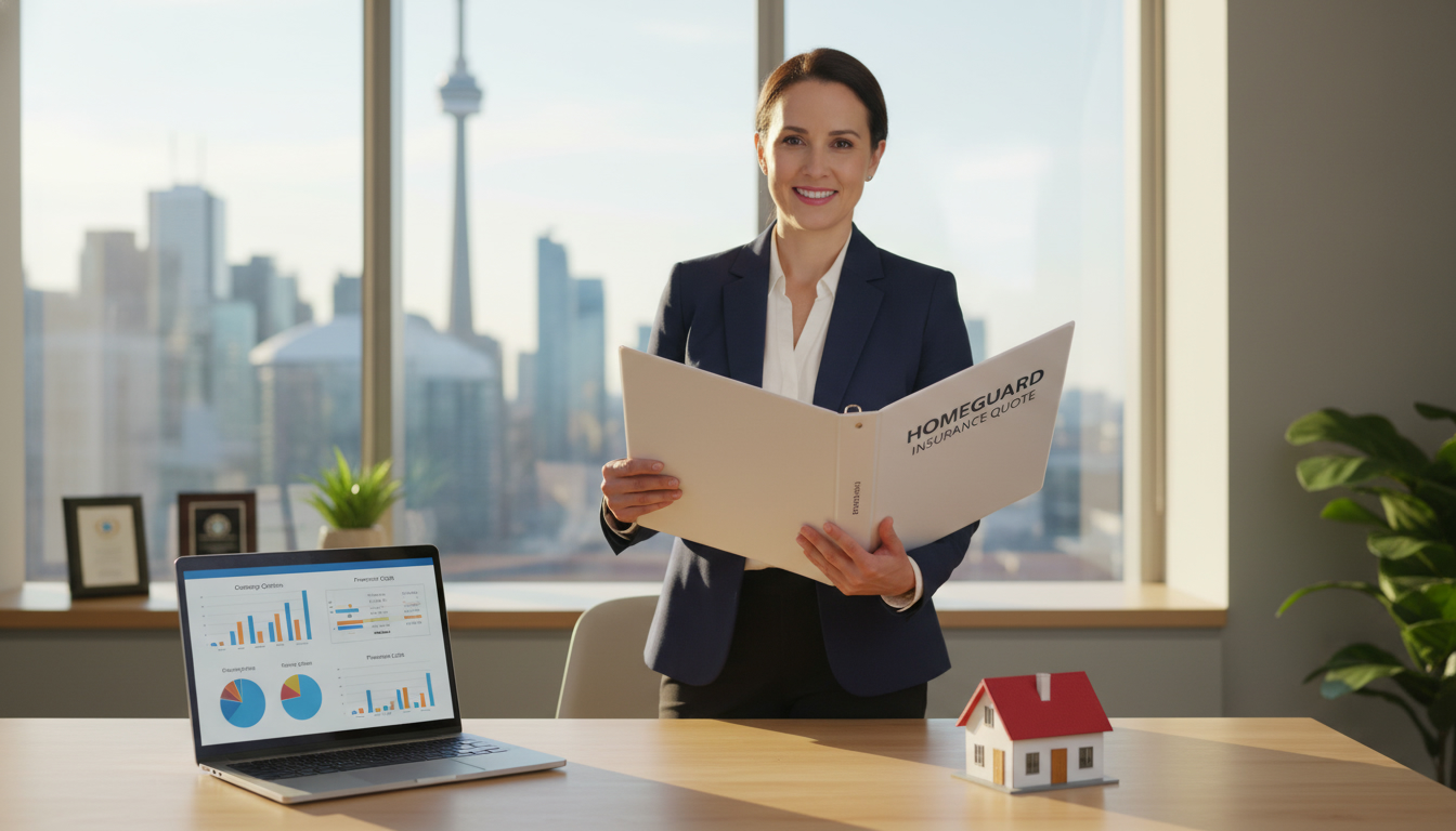 Local insurance advisor presenting home insurance quotes with a model house and comparison charts