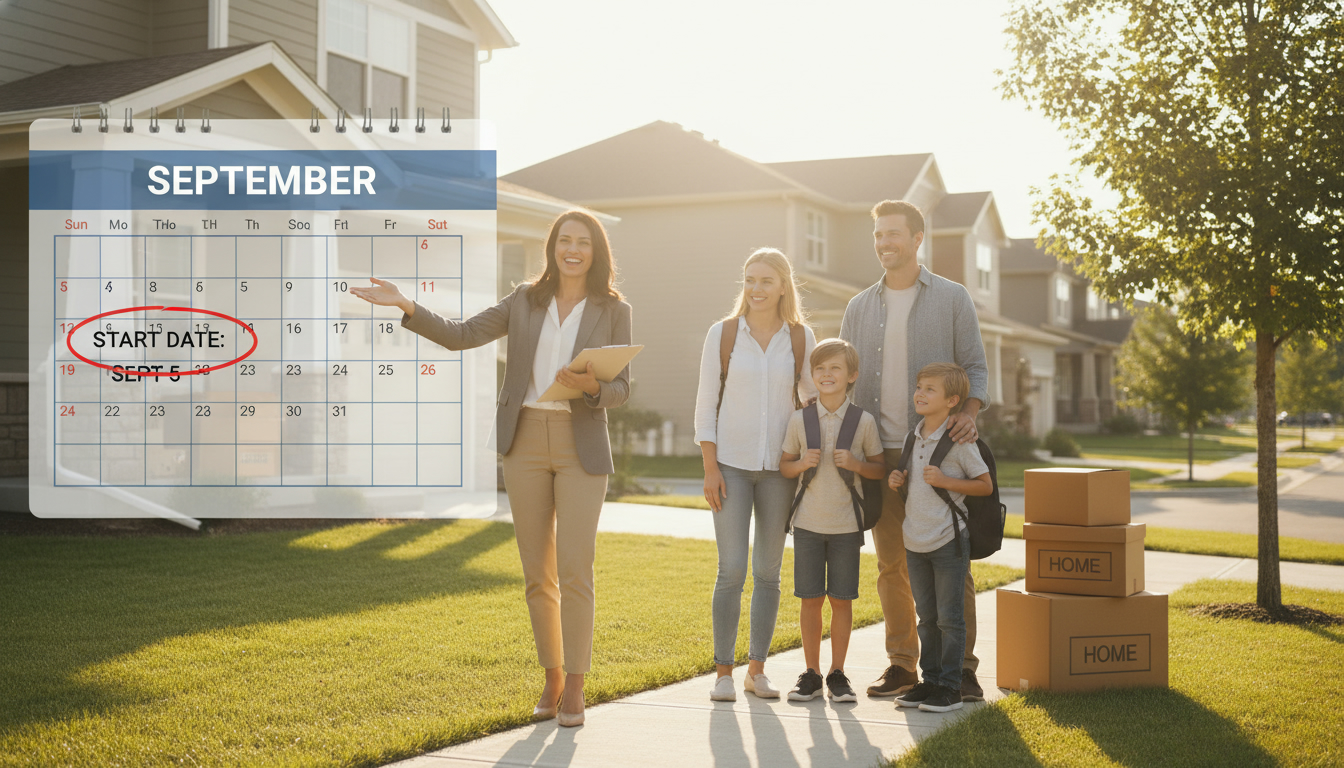 Family outside suburban house with a visible September school calendar overlay and realtor holding paperwork, moving boxes on porch