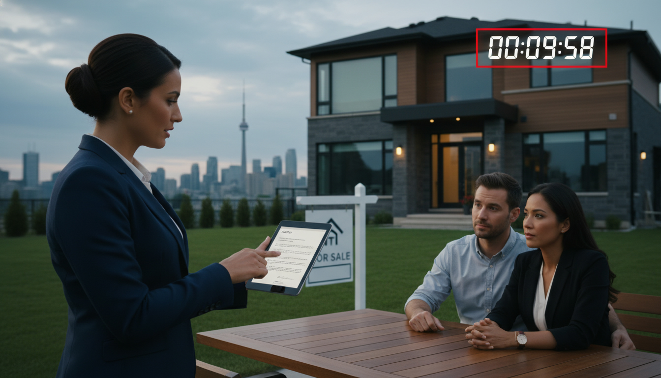 Real estate agent holding an offer letter with a countdown clock overlay and a house in the background.