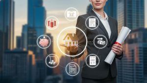 Realtor with mortgage documents and icons for savings, gift, bank transfer, asset sale, and retirement funds representing multiple down payment sources.