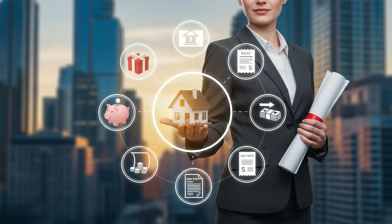 Realtor with mortgage documents and icons for savings, gift, bank transfer, asset sale, and retirement funds representing multiple down payment sources.