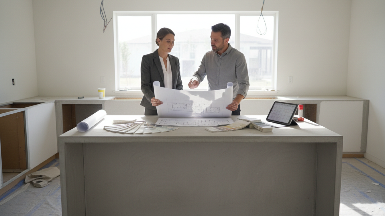 Realtor and homeowner reviewing renovation plans in a kitchen under renovation
