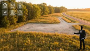 Scenic rural lot with cleared building site, gravel driveway, and permit icons overlay