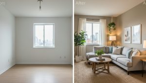 Before and after comparison of a living room: vacant versus professionally staged with modern furniture and warm lighting