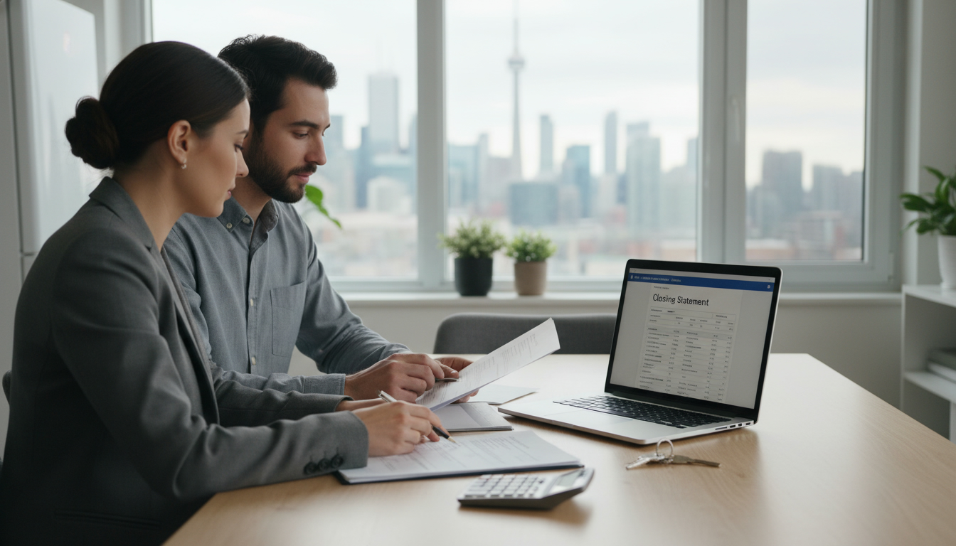 Realtor and homeowner reviewing seller closing costs and closing statement with calculator and keys