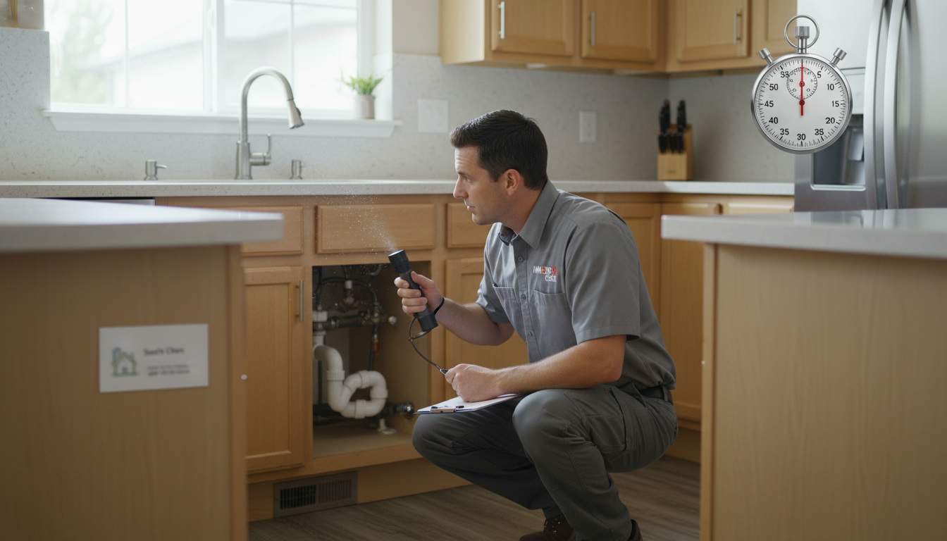 Home inspector examining house interior with clipboard and timer overlay showing inspection time