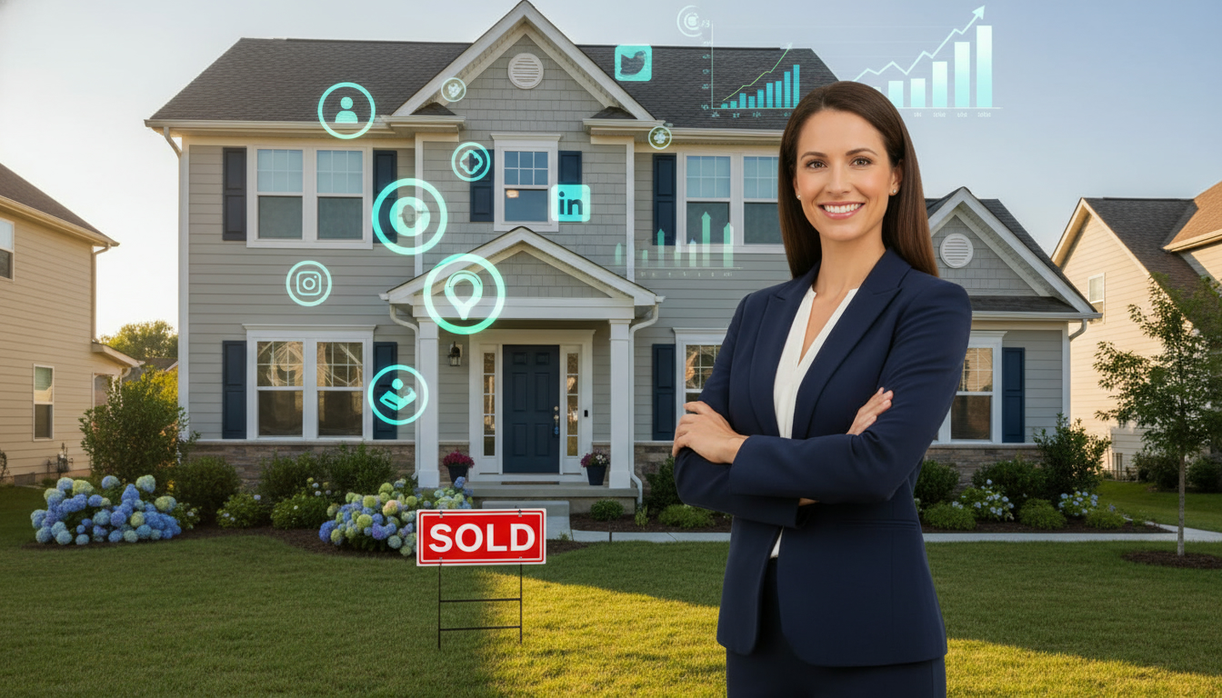 Realtor in front of house with sold sign and digital ad graphics showing increased reach and sales