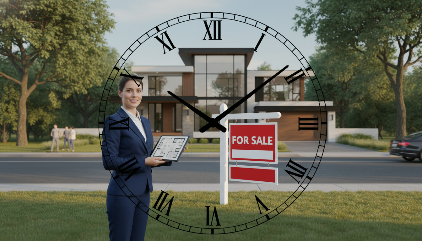 House for sale with for sale sign and clock overlay symbolizing time on market and real estate marketing strategy
