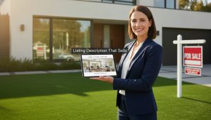 Real estate agent with tablet showing an online home listing in front of a modern house and for sale sign