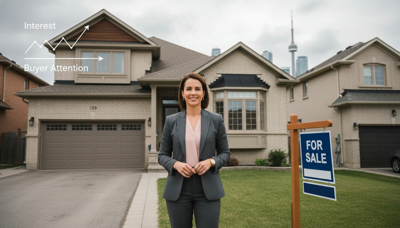 Real estate agent in front of suburban home with for sale sign and Toronto skyline, showing marketing graphs