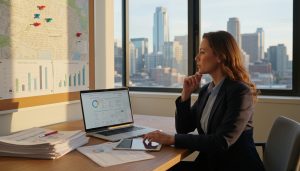 Realtor analyzing price per square foot data on laptop with map and charts