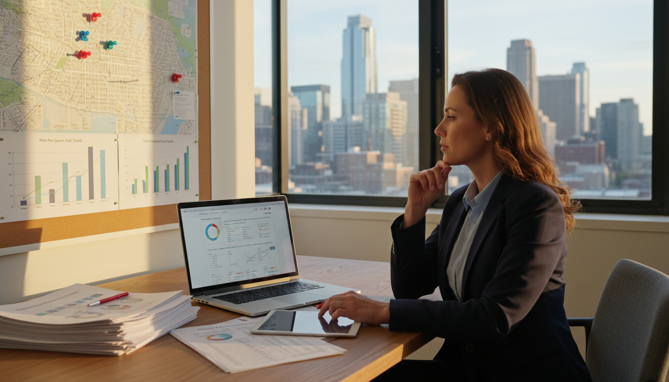 Realtor analyzing price per square foot data on laptop with map and charts