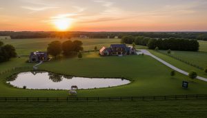 Luxury rural property farmhouse on acreage with pond and horses at sunset
