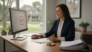 Real estate agent reviewing property title documents with magnifying glass showing a 'Lien' stamp and house visible in background.