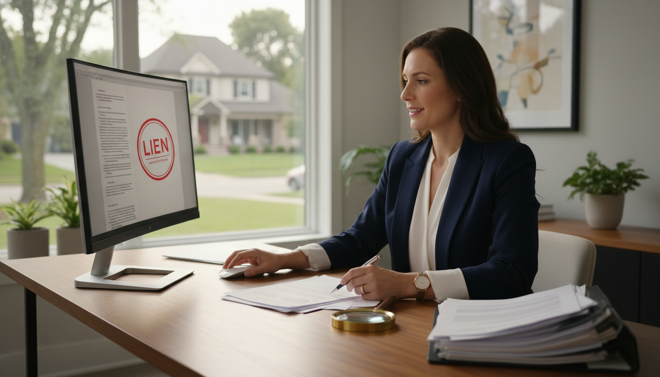 Real estate agent reviewing property title documents with magnifying glass showing a 'Lien' stamp and house visible in background.