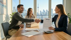 Realtor reviewing multiple offers with homeowners at a modern table, Toronto skyline visible
