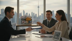 Real estate agent handing keys and closing documents to client with mailbox and city skyline in background.