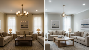 Before-and-after image of a living room showing old dim lighting on left and modern LED lighting on right