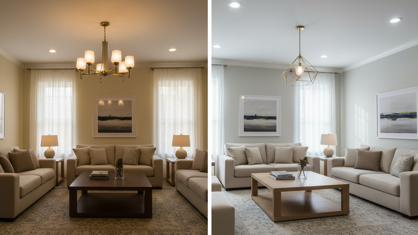 Before-and-after image of a living room showing old dim lighting on left and modern LED lighting on right