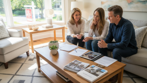 Realtor consulting adult children in living room with home sale paperwork and for sale sign visible outside