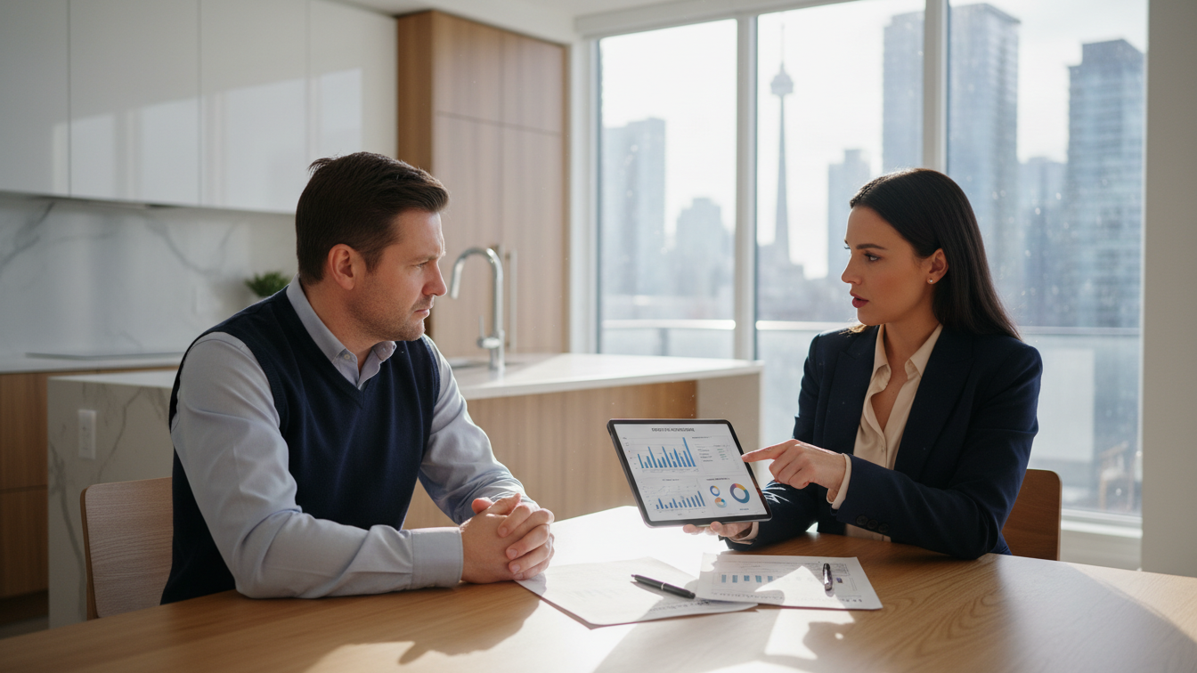 Realtor reviewing a lowball offer with sellers and market data on a tablet